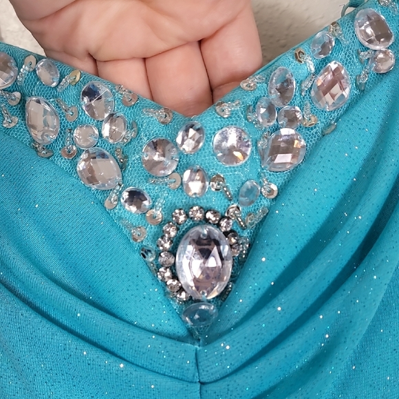 Y2K B Darlin Sparkly Teal Prom Dress XS/S Glitter Fairycore Jewel Gown 0/2 90s - Picture 3 of 10